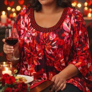 Catherines Red Floral Crinkle Blouse 1X(18/20) Petite‎ Beaded Flowy Valentine